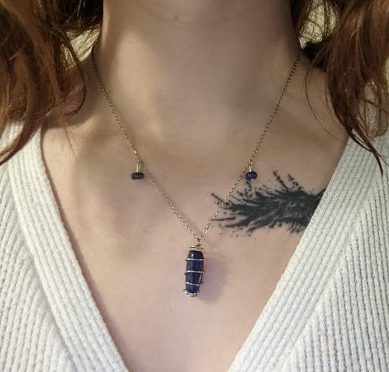 Wire Wrapped Lazurite Crystal Necklace with Sodalite Beads