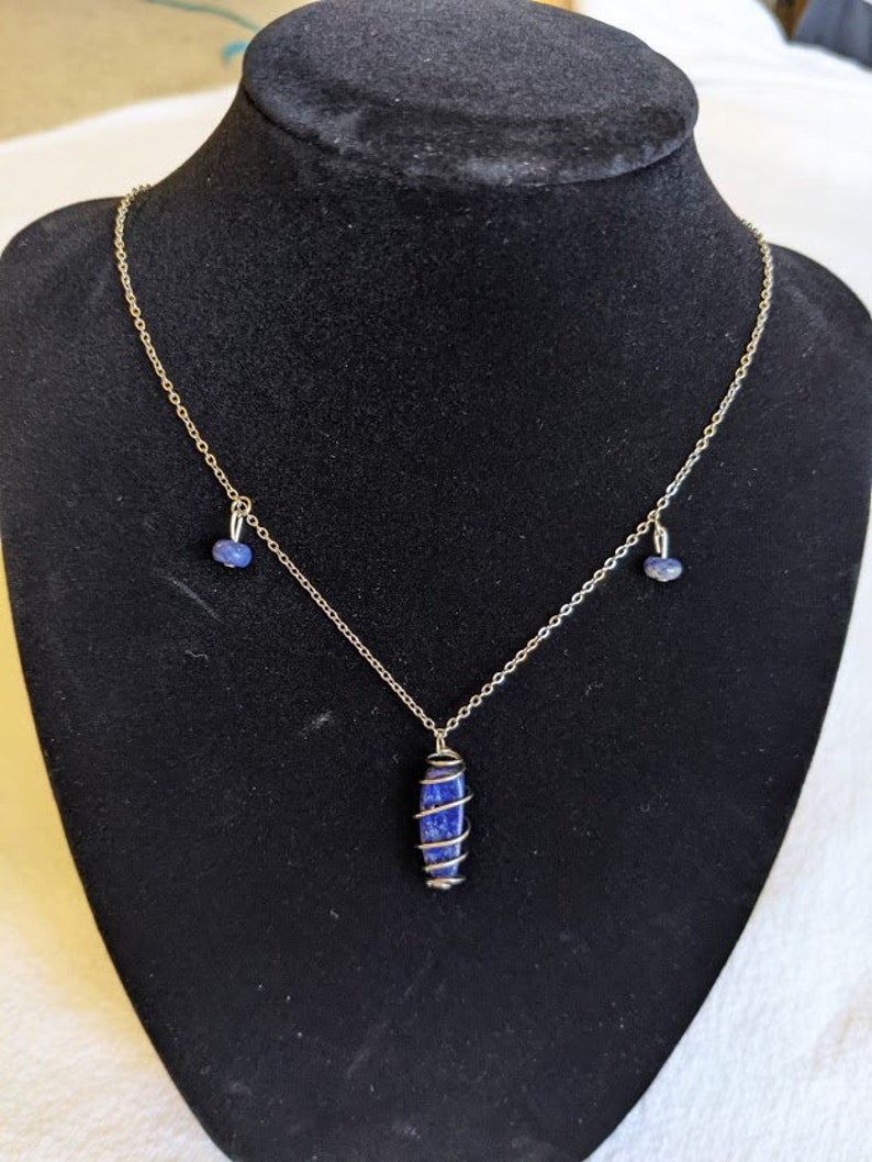 Wire Wrapped Lazurite Crystal Necklace with Sodalite Beads