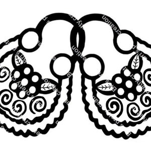 May include: Black and white illustration of a pair of decorative earrings with a floral design. The earrings feature a cluster of small circles and a leaf on each side.