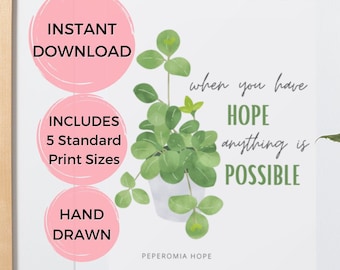 Inspirational Houseplant Digital Art, Peperomia Hope Plant Wall Art, Houseplant Lover Digital Download, Simple and Cute Motivational WallArt