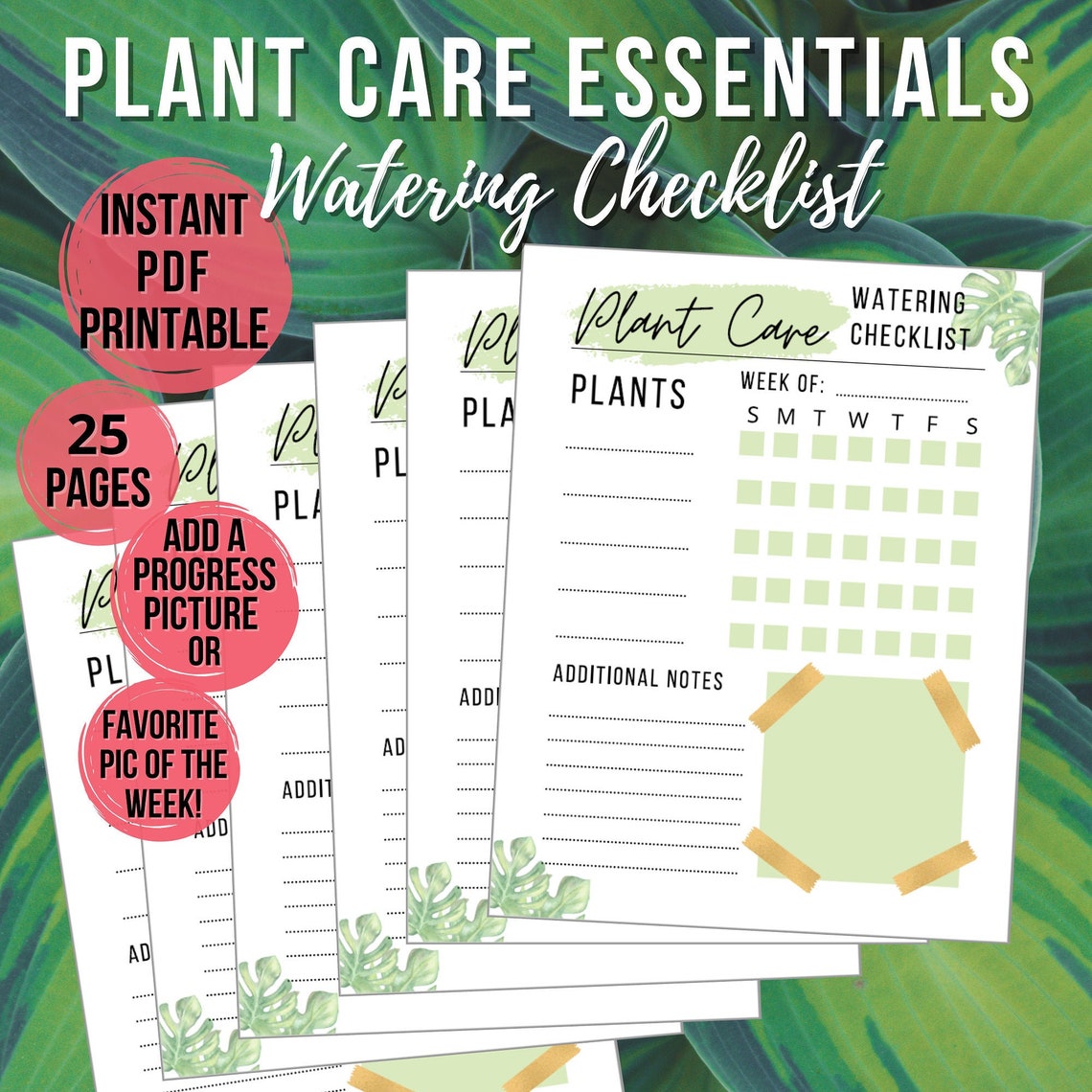 Plant Care Essentials Watering Checklist, Printable Weekly Planner, 25