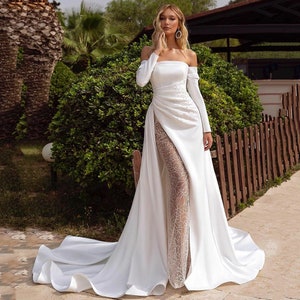 High Slit Strapless Wedding Dresses, Long Sleeves Pearls Backless Court, Train Sparkly Beading, Modern Style  Stain, Beach Wedding Dress