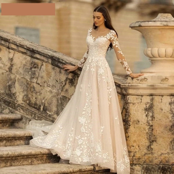 Elegant O-Neck Wedding Dress, Lace A-Line Boho Long Sleeves Wedding Bride Gowns, Chiffon Lace Appliques Bridal Gown