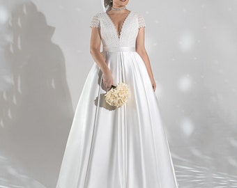 Customized Unique Short Sleeves Lace Wedding Dress, Plus Size V Neck A Line Sweep Train Dress, Corset Bridal Gowns Vestido De Noiva