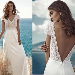 Customized Lace Chiffon Wedding Dresses, White For Women V Neck Backless Beach Bride Dress, Cap Sleeve Sweep Train, Bohemian Robe de mariee