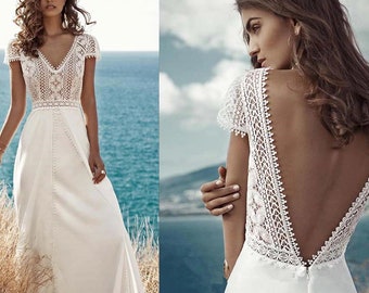 Customized Lace Chiffon Wedding Dresses, White For Women V Neck Backless Beach Bride Dress, Cap Sleeve Sweep Train, Bohemian Robe de mariee