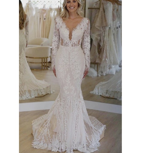Lace Appliques Mermaid Wedding Dresses Deep V-neck Long - Etsy