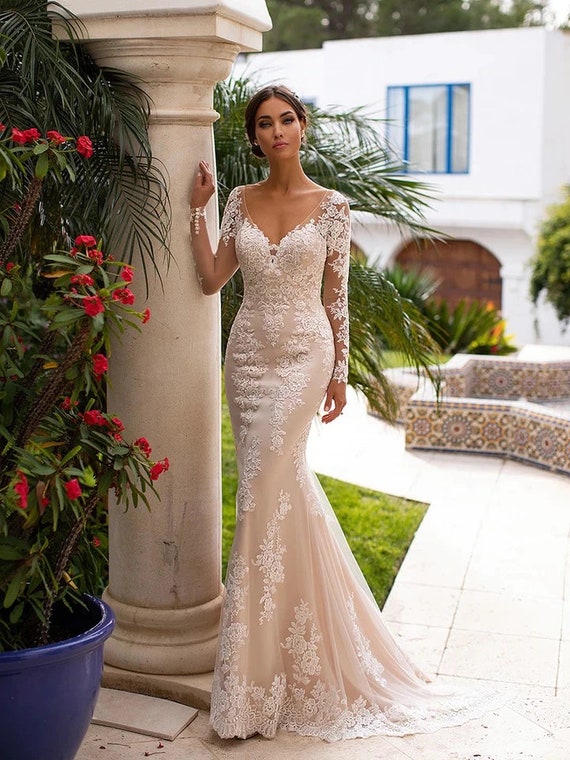 Customized Long Sleeve Lace Mermaid Wedding Dresses, Appliques