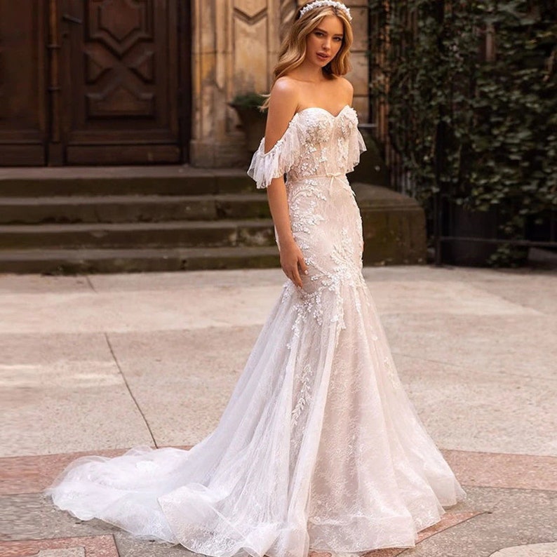 Luxury Cap Sleeves Lace Wedding Dress Mermaid Sweetheart - Etsy