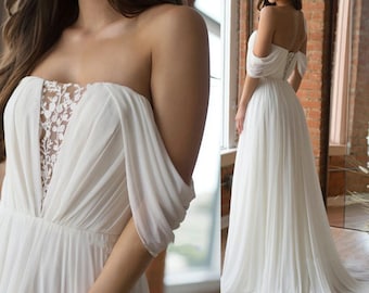 Customized Off the Shoulder Wedding Dress, Chiffon Pleat Zipper Wedding Dress, Simple Beach Bridal Gown, Beach Luxury Wedding Dress