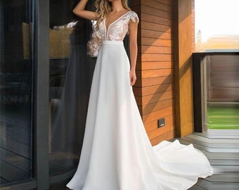 Boho Deep V-Neck Satin Wedding Dress, Elegant Lace Appliques Dress, A-Line Cap Sleeves Dress, Floor Length Backless Bridal Gown Plus Size