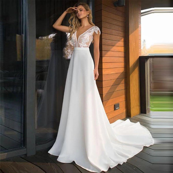 Boho Deep V-Neck Satin Wedding Dress, Elegant Lace Appliques Dress, A-Line Cap Sleeves Dress, Floor Length Backless Bridal Gown Plus Size