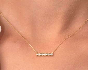 14k Solid Gold Baguette Bar Necklace: CZ Stone Pendant