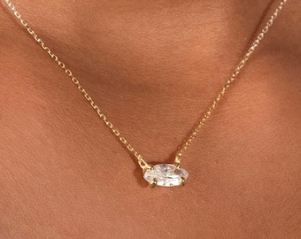 14k Solid Gold Marquise Necklace: Solitaire Simulated Diamond