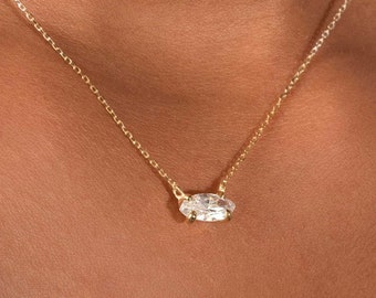 14k Solid Gold Marquise Cut Simulated Diamond Solitaire Pendant Necklace