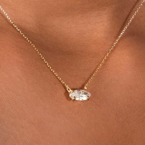 Marquise Cut Solitaire Pendant Necklace / Marquise Cut Simulated Diamond Necklaces for Women / Solid Gold Necklace / Bridal Jewelry