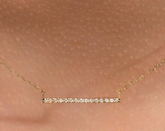 14k Gold Bar Necklace: Minimalist Cubic Zirconia Pendant
