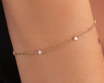 14k Solid Gold Diamond Station Bracelet / Dainty Diamond Bracelet / 14k Gold Yard Bracelet / Bracelet for Women / Genuine Diamond Jewelry