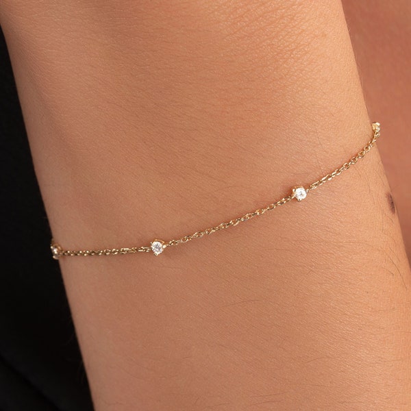 14k Solid Gold Diamond Station Bracelet / Dainty Diamond Bracelet / 14k Gold Yard Bracelet / Bracelet for Women / Genuine Diamond Jewelry