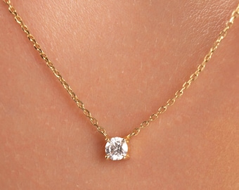 14k Gold Solitaire Necklace: 0.15ct Lab Grown Diamond or Moissanite
