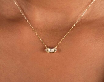 14k Solid Gold Marquise Necklace: Dainty Solitaire Jewelry