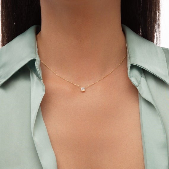14k Solid Gold Opal Solitaire Necklace: October Birthstone Pendant