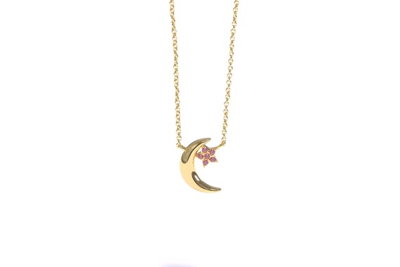 Ruby Moon Necklace Celestial Star Necklace Gold Ruby Pendant