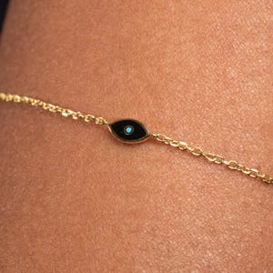 14K Gold Evil Eye Bracelet: Enamel Protection Charm, Dainty Solid Gold