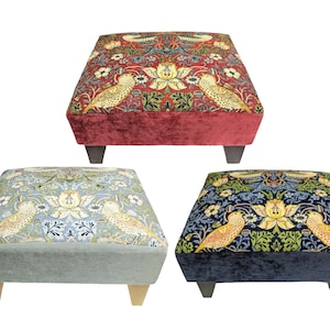 Small footstool in Authentic William Morris Strawberry Thief Sturdy wood frame extra seat choice of foot colour Made in Britain