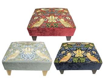 Small footstool in Authentic William Morris Strawberry Thief Sturdy wood frame extra seat choice of foot colour Made in Britain