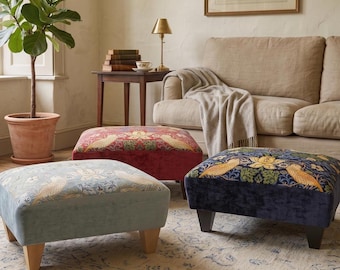 Small footstool in Authentic William Morris Strawberry Thief Sturdy wood frame extra seat choice of foot colour Made in Britain