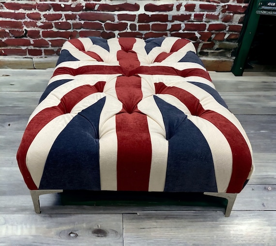 Deep Buttoned British Flag Union Jack Footstool Ottoman Red White and Blue Chenille Velvet UK Made Etsy UK