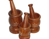 Deluxe Wood HANDICRAFTS Wooden Carved Mortar and Pestle Grinder for Herbs, Spices and Kitchen Usage, Natural Wood kharal okhli Set of 3