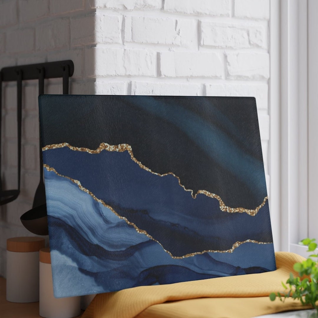 Glass Cutting Board, Navy Cutting Board, Blue Cutting Board, Marble Art