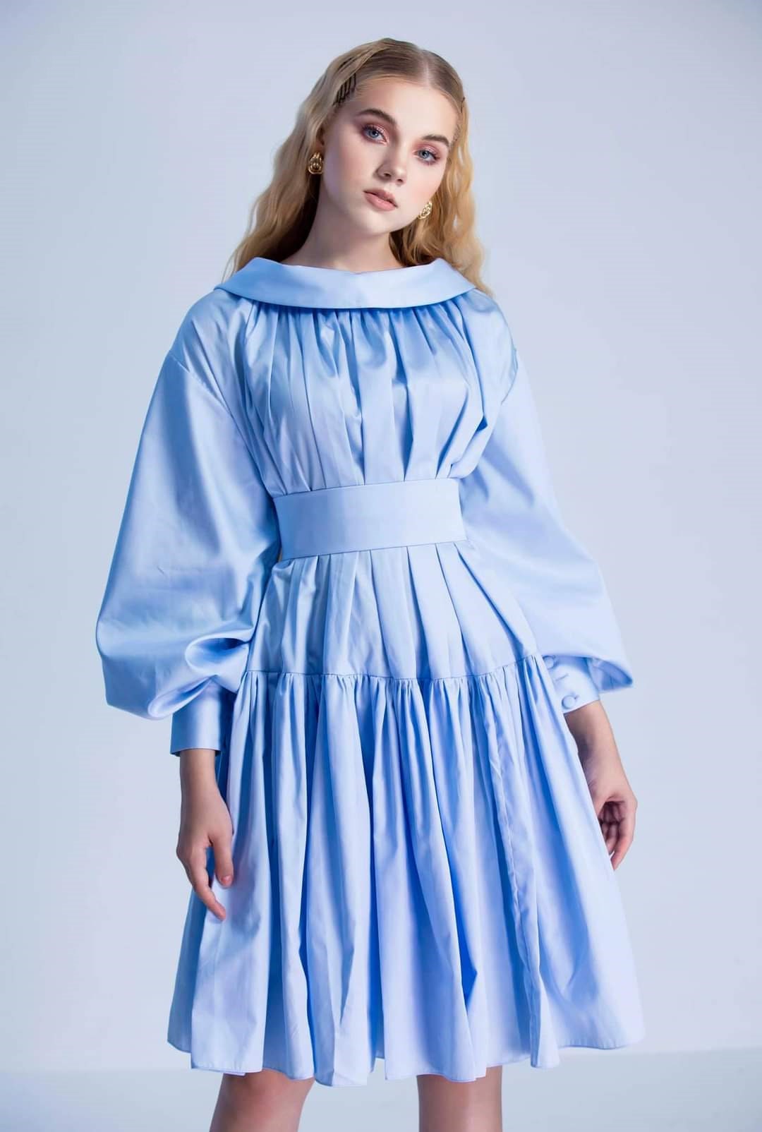 Pleated Blue Silk Dress A Line Satin Dress Long Sleeve Etsy