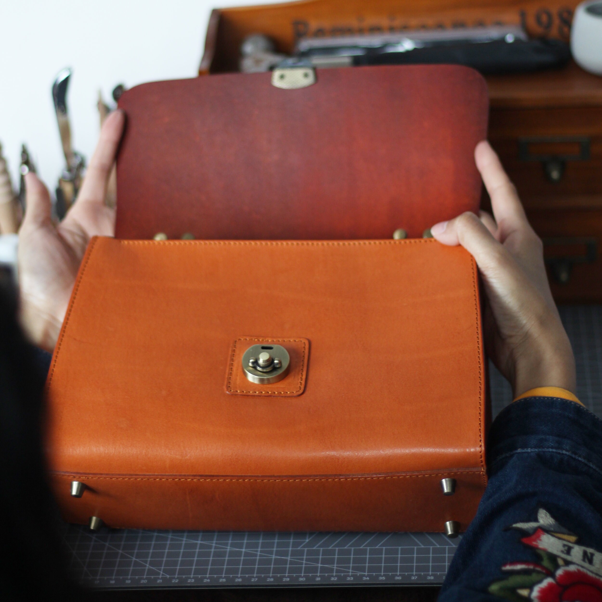 Hand Made Leather Briefcase Vegetable Tanning Leather Satchel Etsy