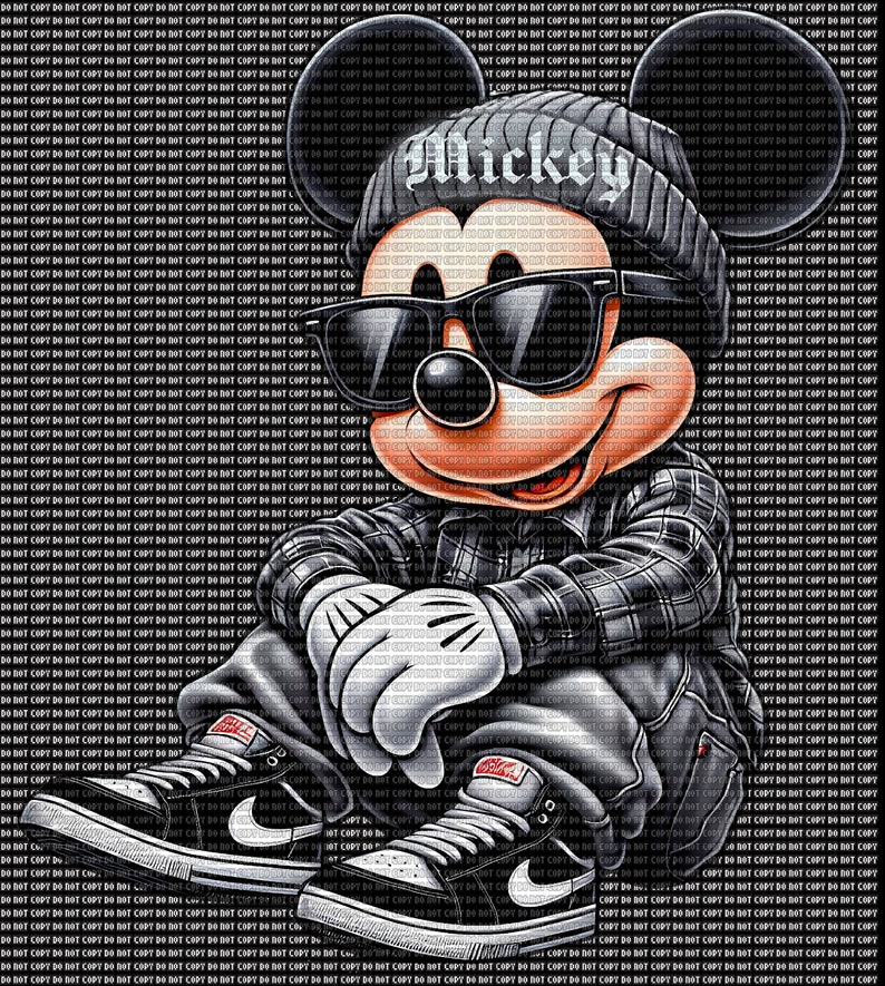 Puede incluir: Una ilustraci&oacute;n de dibujos animados de Mickey Mouse con un gorro negro, gafas de sol y una camisa a cuadros. Est&aacute; sentado con las piernas cruzadas y lleva zapatillas negras y blancas. El fondo es un patr&oacute;n en blanco y negro.
