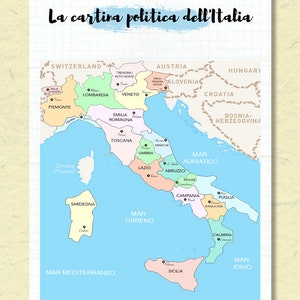 Kaart van Italië Grafiek in Italiaanse Digitale Download, La cartina politica dell'Italia, Pre-school Grafiek, Kids Chart, Peuter Grafiek, Montessori