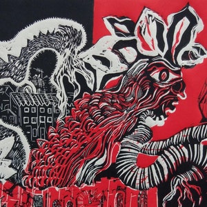 El Diablo. Linocut print. Original design. Handcarved & printed.