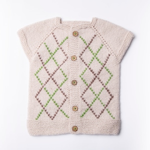 Gemusterte KinderJacke, handgestrickte hellbeige Weste, 12-18 Monate Unisex Kinder, handgemachtes Biogarn, Ärmelloses Top Strickmode.