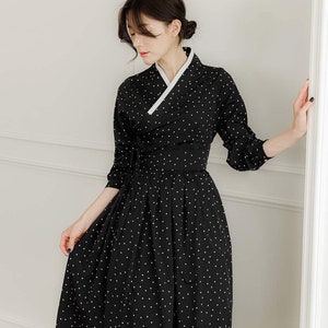 Hanbok Women Dot Pattern Dress, Korean Modern Hanbok Wrap Style Long Dress, Korea Modernized Daily Casual Party Long Sleeve Hanbok Dress