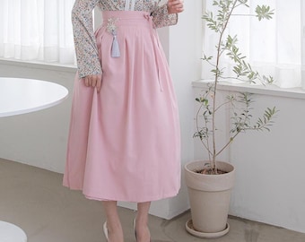 Spódnica Hanbok dla kobiet, piękna koreańska nowoczesna sukienka Hanbok na co dzień i na imprezę dla kobiet, koreańska codzienna długa spódnica Hanbok w kolorze różowym