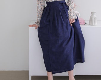 Hanbok Women Wrap Skirt, Beautiful Korean Modern Hanbok Casual Party Dress Clothing for Women, Korean Daily Hanbok Long Skirt Navy Color