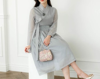 Hanbok Women See Through Sleeve Dress, Korean Modern Hanbok Wrap Style Dress, Korea Modernized Daily Casual Party Hanbok Dress Gray Color