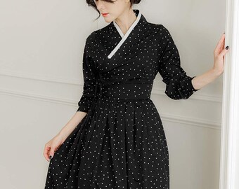 Hanbok Women Dot Pattern Dress, Korean Modern Hanbok Wrap Style Long Dress, Korea Modernized Daily Casual Party Long Sleeve Hanbok Dress