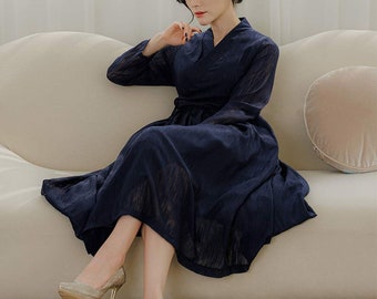 Hanbok Women Dress, Korean Modern Hanbok Wrap Style Long Sleeve Dress, Korea Modernized Daily Casual Party Hanbok Dress Navy Color