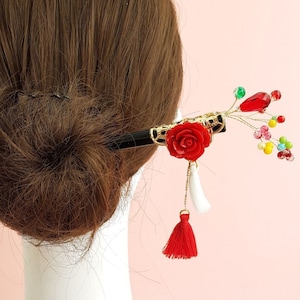 Binyeo, Korean Traditional & Modern Hair Stick Accessory, Red Rose Flower Ornament Hair Piece for Women / Wooden Hair Stick