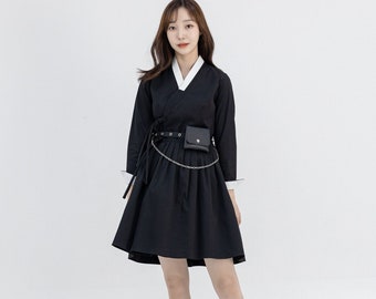 Hanbok Women Mini Dress, Korean Modern Hanbok Wrap Style Dress, Korea Modernized Daily Casual Party Hanbok Dress in Black Color