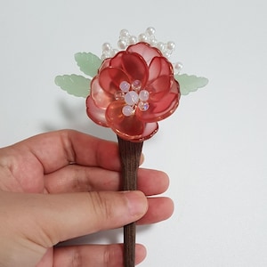 Binyeo, Korean Traditional & Modern Hair Stick Accessory, Red Flower Ornament Hair Piece for Women / Wooden Hair Stick
