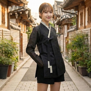 Può includere: Una persona indossa un tradizionale hanbok coreano nero con dettagli bianchi, in piedi su una strada acciottolata. L'hanbok presenta una giacca con chiusura a cravatta ed è abbinato a pantaloncini neri. Lo sfondo mostra l'architettura tradizionale coreana.